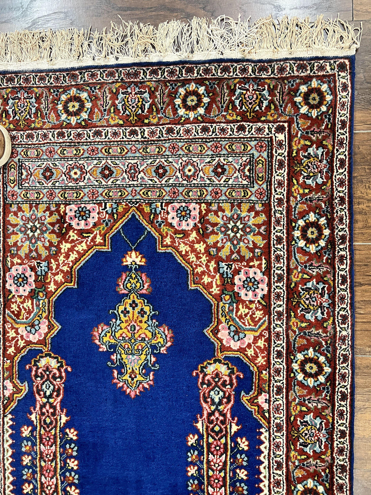 Indo Persian Prayer Rug 3x5, Fine Oriental Carpet, Dark Blue and Red, Vintage Hand Knotted Handmade Prayer Rug - Jewel Rugs, view 7