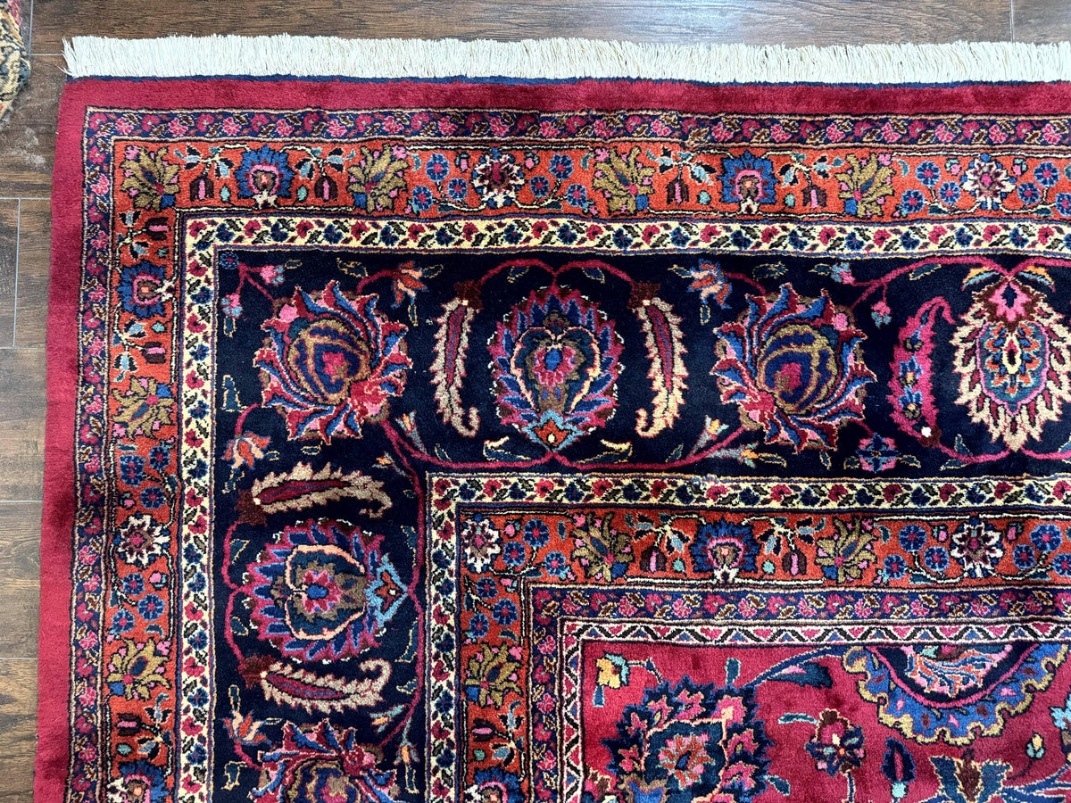 Palace Size Persian Mashad Rug 12x16, Raspberry and Navy Blue, Signature from Master Weaver, Antique Handmade Large Wool Carpet - Jewel Rugs, view 6