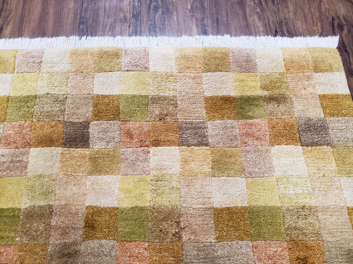 4x6 Tibetan Rug, Modern Abstract Handmade Area Rug, Checkerboard Pattern, Neutral Ivory Gold Tan Colors, Soft Pile, Mid Sized Rug, Nepali - Jewel Rugs, view 8