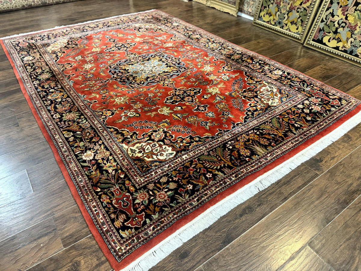 Indo Persian Rug 7x10, Vintage Handmade Wool Carpet, Floral Medallion Traditional Rug, Red and Midnight Blue - Jewel Rugs, view 3