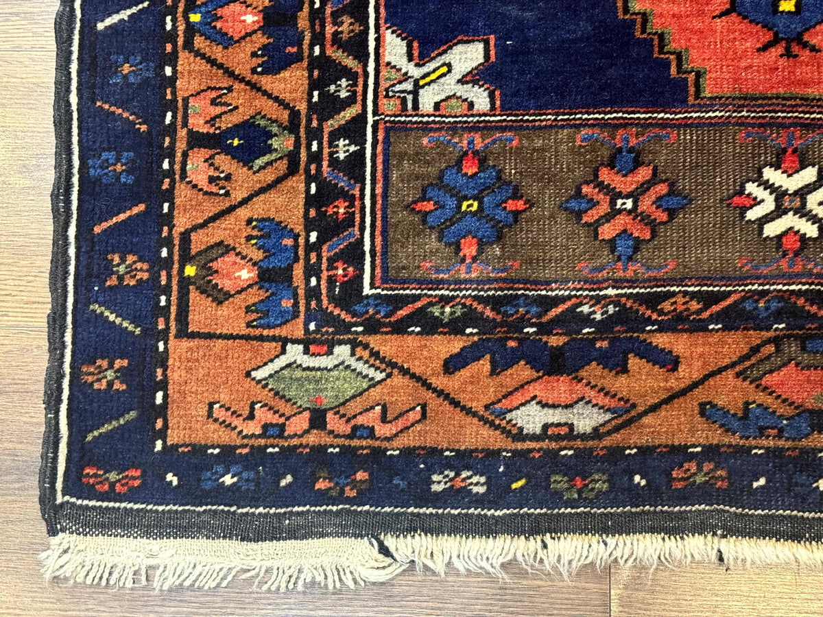 Persian Rug 3x6, Geometric Medallion, Village Tribal Rug, Terracotta and Navy Blue, Antique Nahavand Hamadan Rug - Jewel Rugs, view 9
