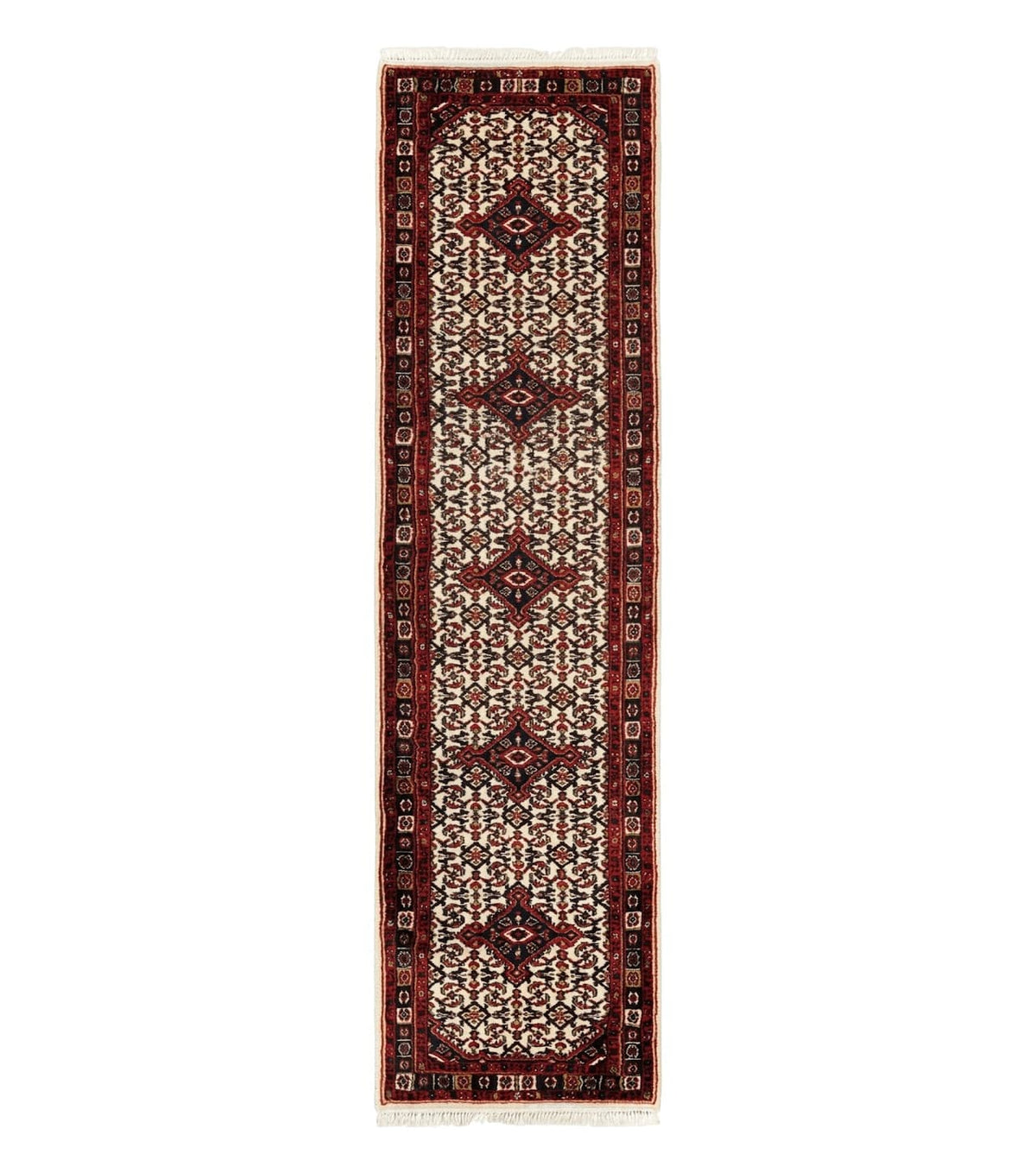 Indo Persian Bidjar Runner Rug 2.8 x 10, Vintage Rug for Hallway, 10ft Runner, Wool Handmade Ivory and Red, Medallions - Jewel Rugs