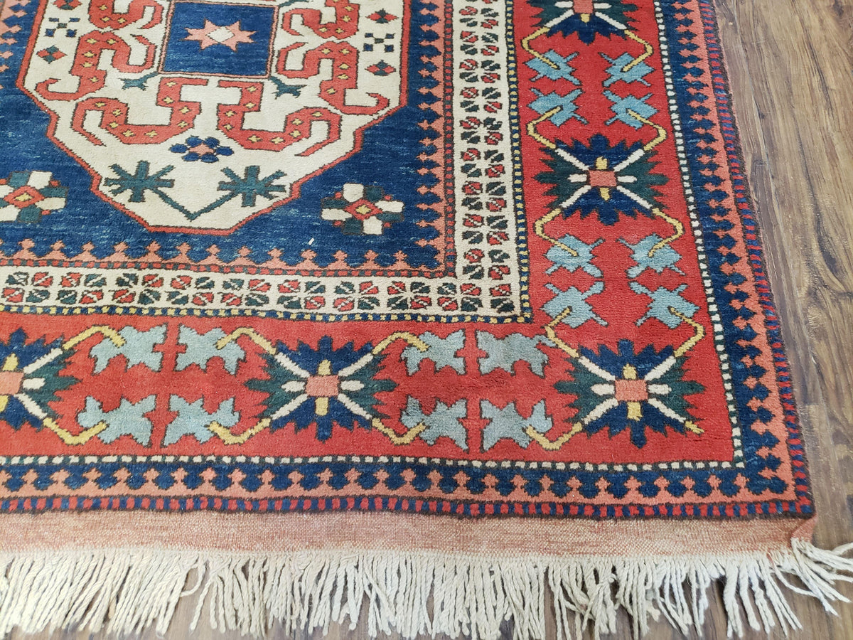 Turkish Kazak Rug 5x6 Vintage Handmade Wool Carpet Geometric Blue Red - Jewel Rugs, view 10