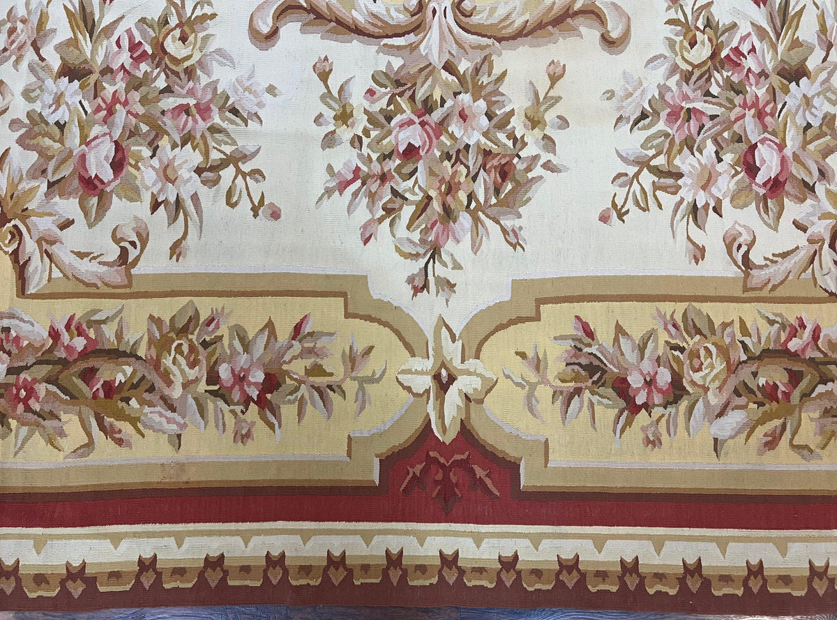 Aubusson Rug 9x12, Elegant Flatweave Savonnerie Carpet 9 x 12 ft, Ivory Light Yellow Red, Handmade Wool Flatweave French European Rug - Jewel Rugs, view 6