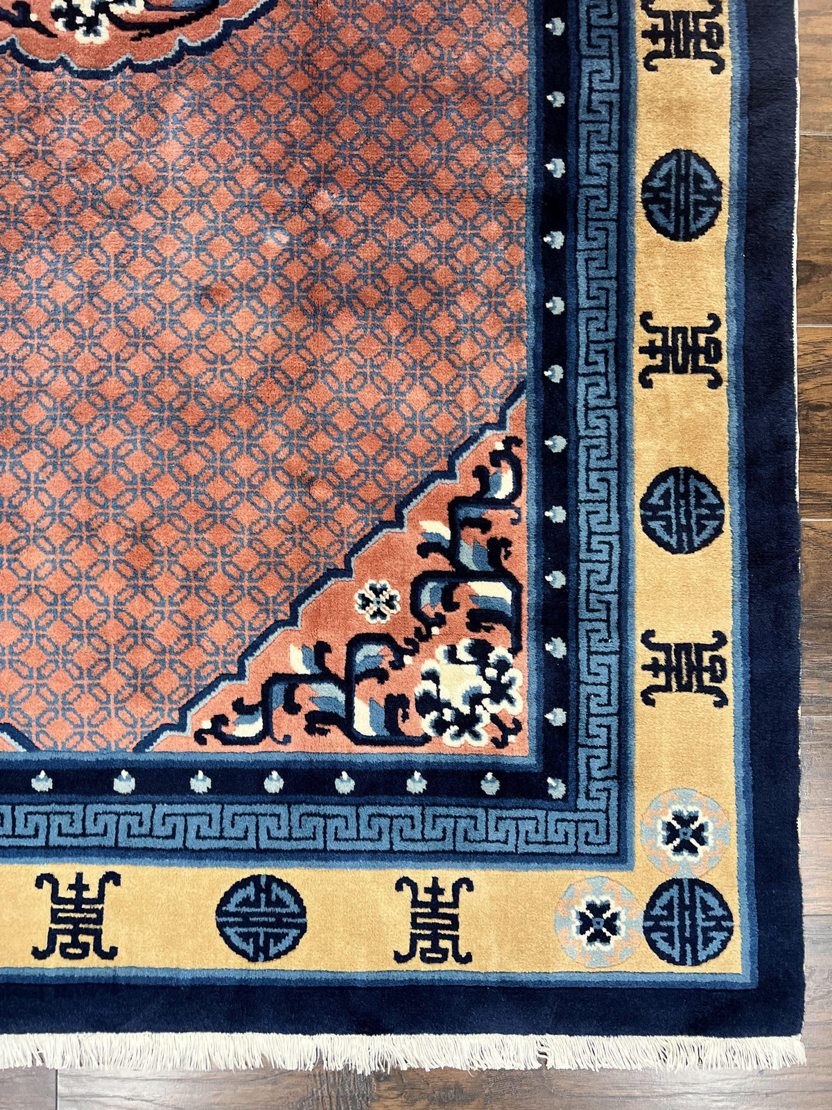 Chinese Peking Rug 5x8, Vintage Semi Antique Chinese Art Deco Carpet, Wool Pile Light Red/Salmon Gold Navy Blue, Handmade Asian Oriental Rug - Jewel Rugs, view 10