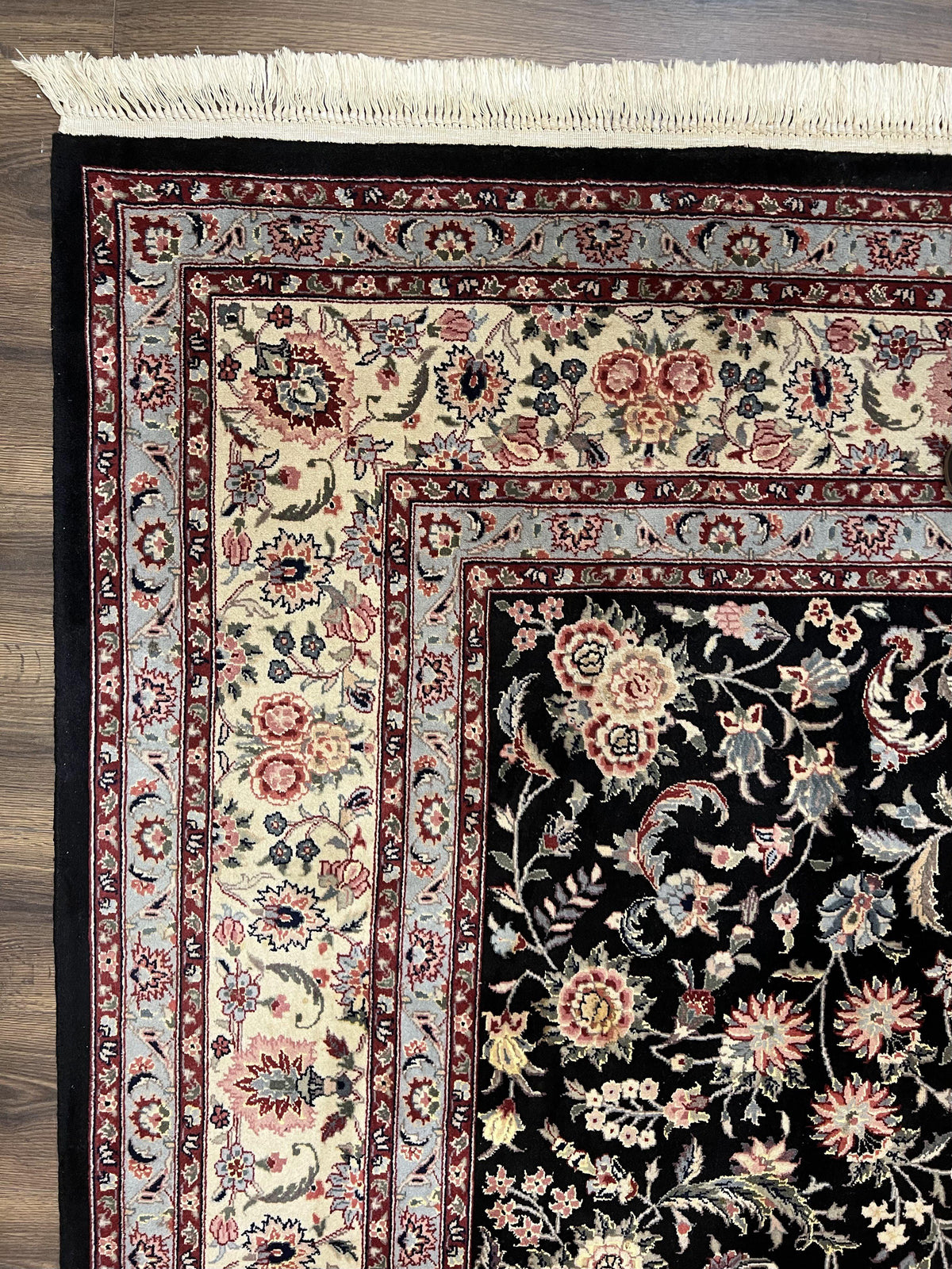 Pak Persian Rug 9x12, Floral Allover, Hand Knotted Oriental Carpet 9 x 12 ft, Black and Cream, Detailed, Wool with Silk Highlights, Vintage - Jewel Rugs, view 6