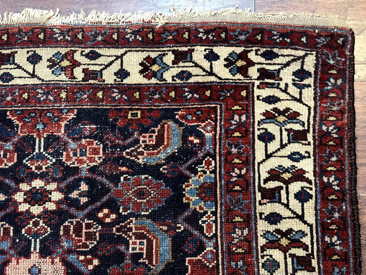 Navy Blue Antique Persian Rug 3x6, Blue and Ivory Persian Carpet, Handmade 1920s Hamadan Rug - Jewel Rugs, view 8