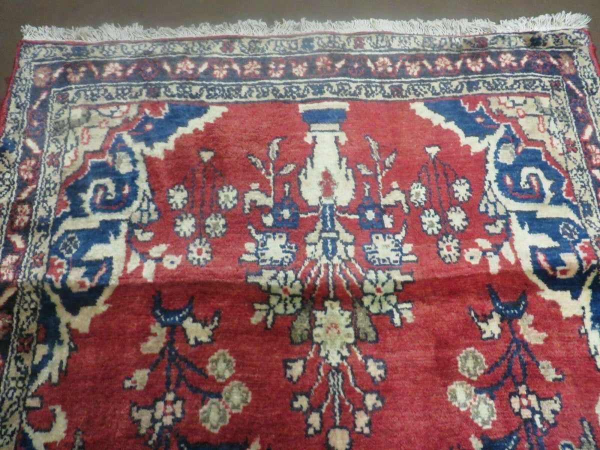 Persian Runner Rug 3 x 12, Antique Wool Oriental Runner, Floral Vases, Red & Navy Blue - Jewel Rugs, view 2