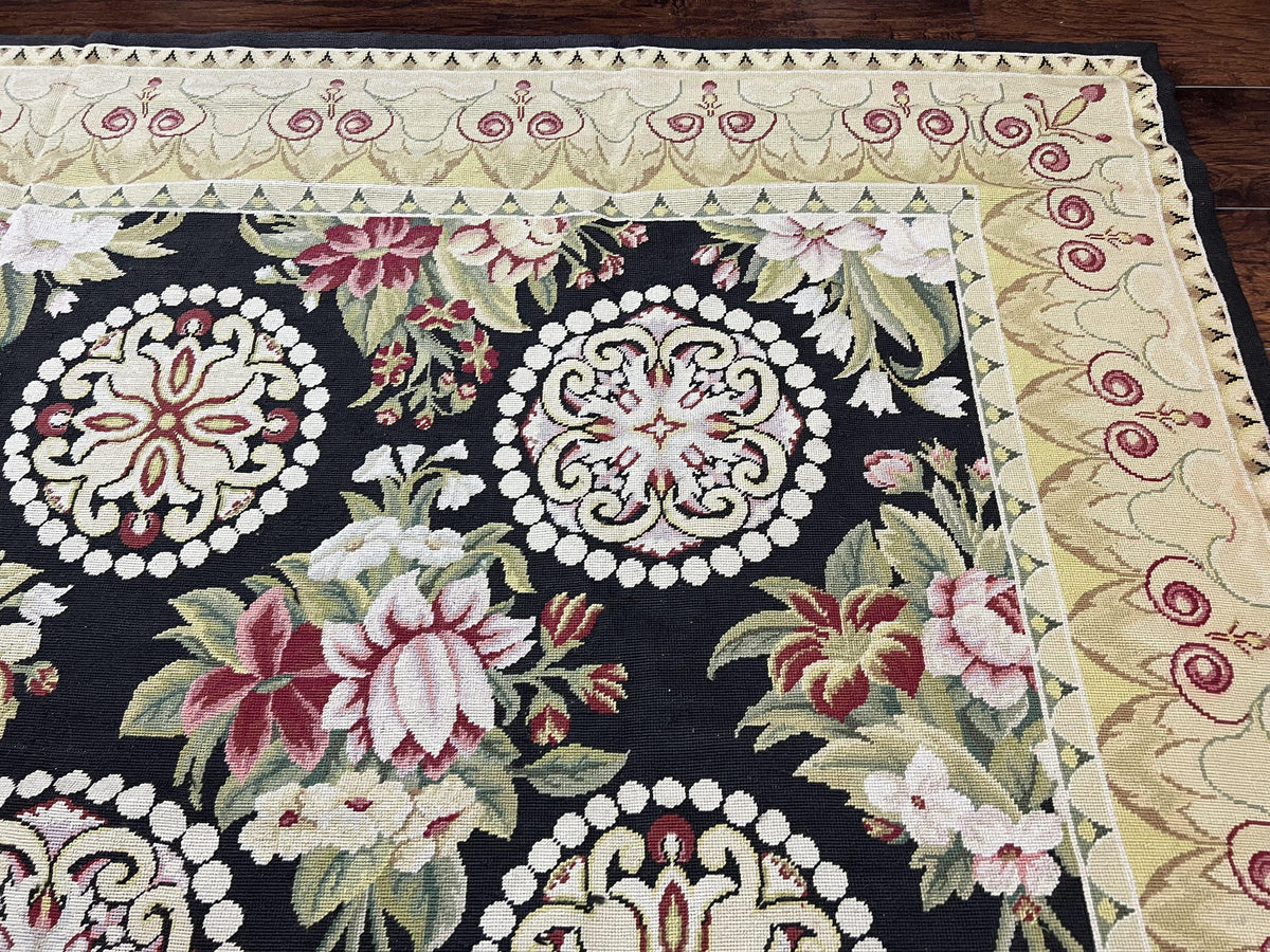 9x12 Black Needlepoint Rug, European Floral Panel Design, Handwoven, Vintage Chinese Needlepoint, Black Green Beige, Wool Rug 9 x 12 - Jewel Rugs, view 8