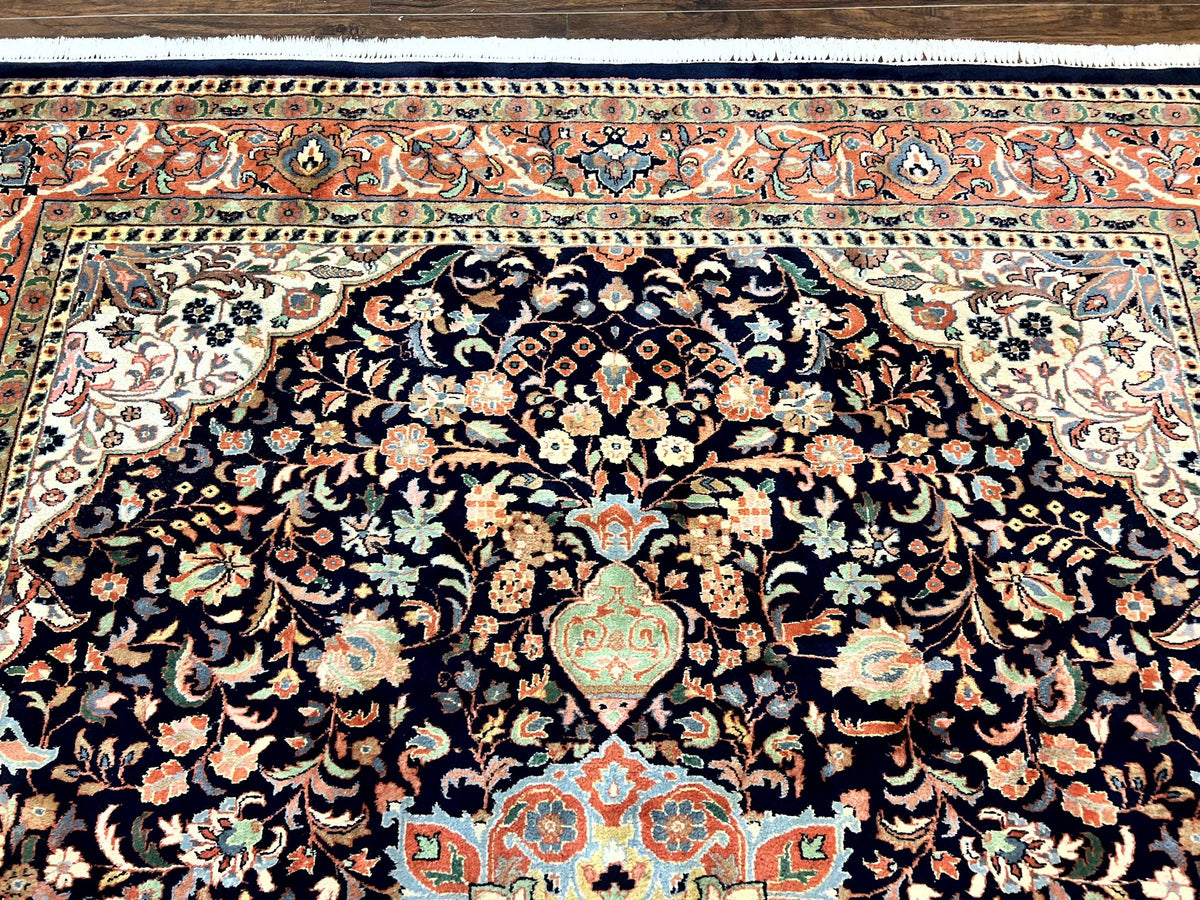 Indo Persian Rug 8x10, Midnight Blue & Red, Handmade Vintage Wool Carpet, Floral Medallion - Jewel Rugs, view 4