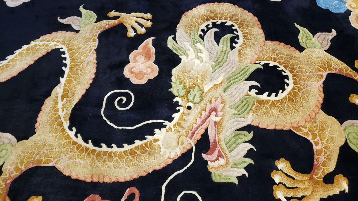 Rare Antique Chinese Art Deco Rug 6x9 with Dragon, Black Chinese Carpet 6 x 9, Hand Knotted Wool Area Rug - Jewel Rugs, view 2