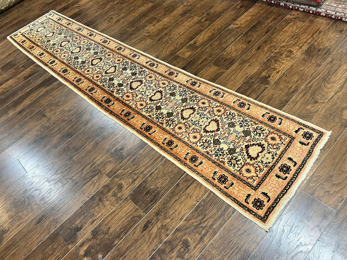 Romanian Runner Rug 2.6 x 12.9, Wool Handmade Hand Knotted Skinny Runner for Hallway, Floral Allover, Vintage Tan Runner - Jewel Rugs, view 12