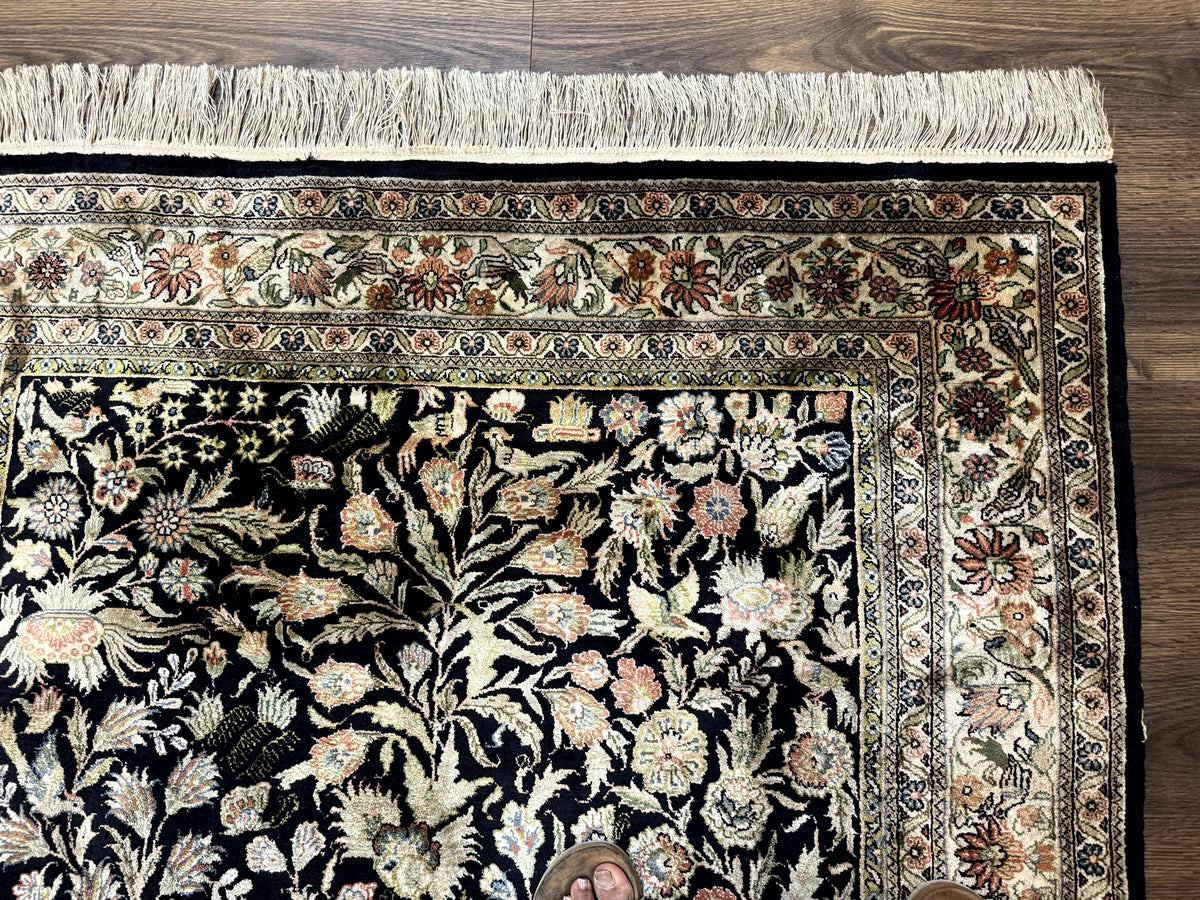 Silk Rug 4x6, Black and Cream, Floral & Bird Pictorials, Fine 330 KPSI, Sino Persian Rug - Jewel Rugs, view 8