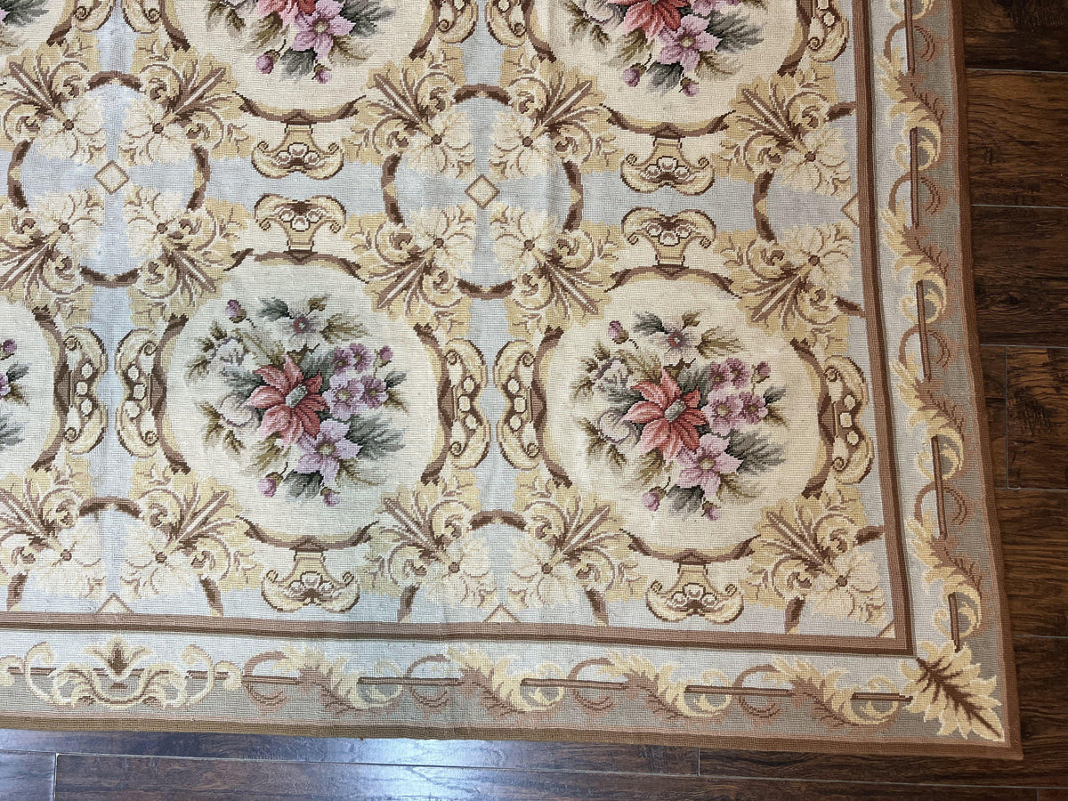 Chinese Needlepoint Rug 8x11, Handmade Wool Needlepoint Carpet, Vintage, Sky Blue - Jewel Rugs, view 10