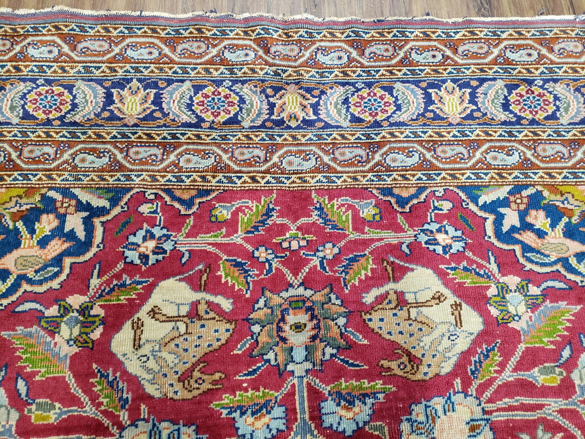 Antique Turkish Sivas Area Rug 8x11, Hand-Knotted, Vintage Red Wool Carpet, Gazelles Lions, Boteh Border, 8' x 11' Top Quality Oriental Rug - Jewel Rugs, view 4