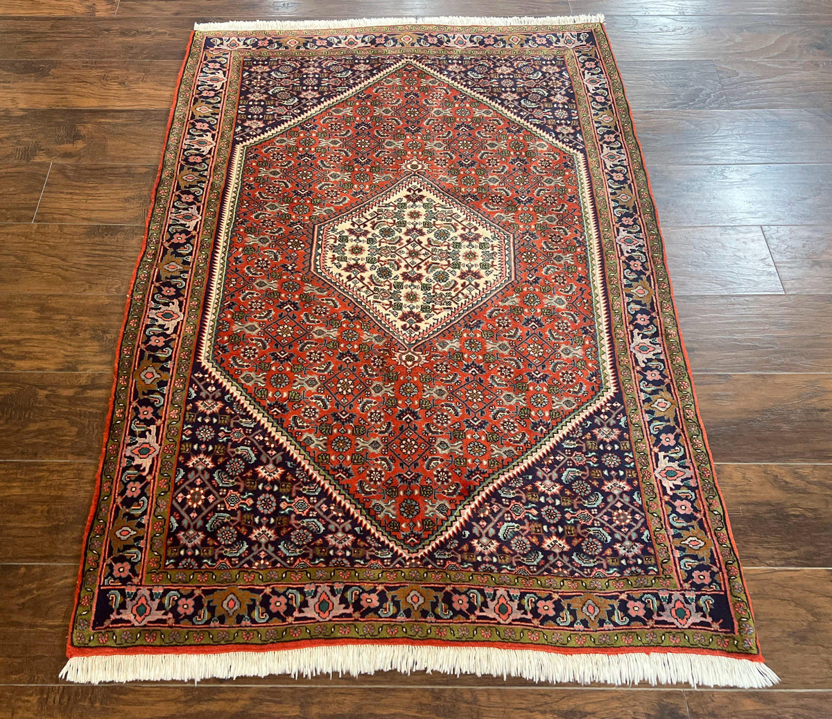 Persian Bidjar Rug 4x5, Finely Hand Knotted Vintage Carpet, Red and Navy Blue, Handmade Wool Rug, 180 KPSI - Jewel Rugs, view 2