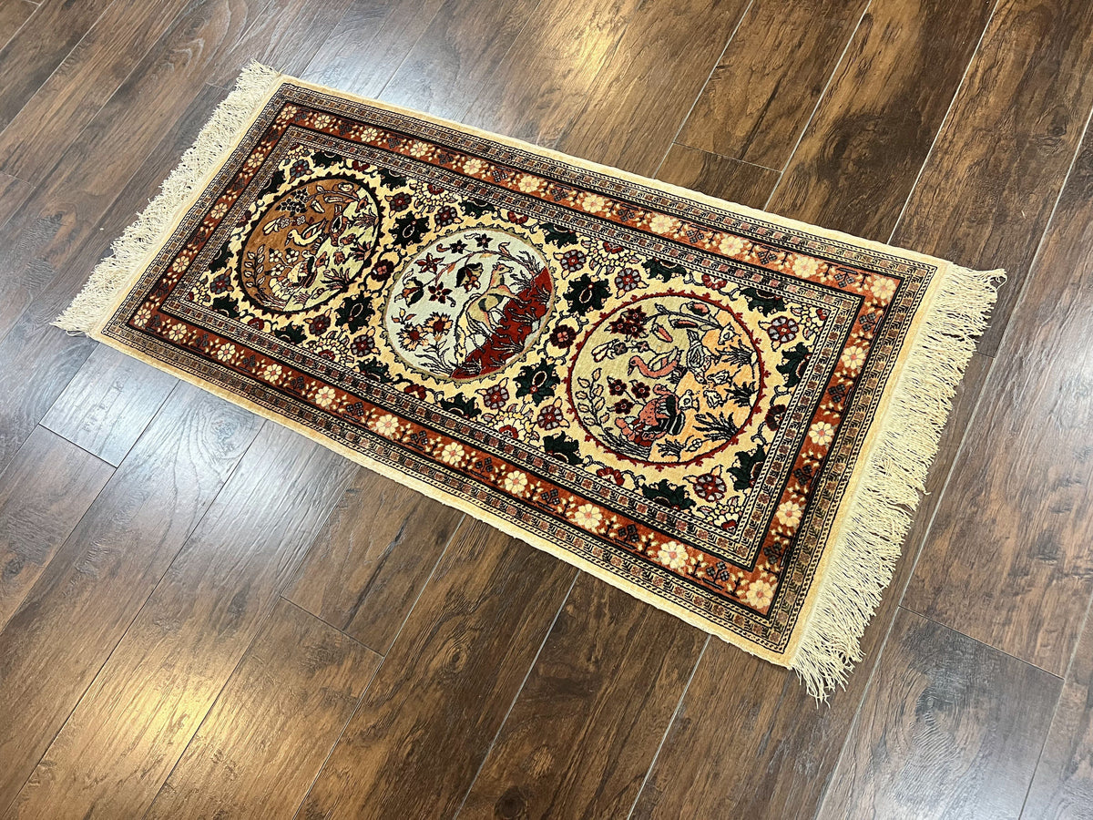 Silk Turkish Rug 2x4, Fine Handmade Oriental Rug, Animal Pictorial Birds Silk Pile on Silk Foundation Vintage Hand Knotted Hereke Carpet - Jewel Rugs, view 13