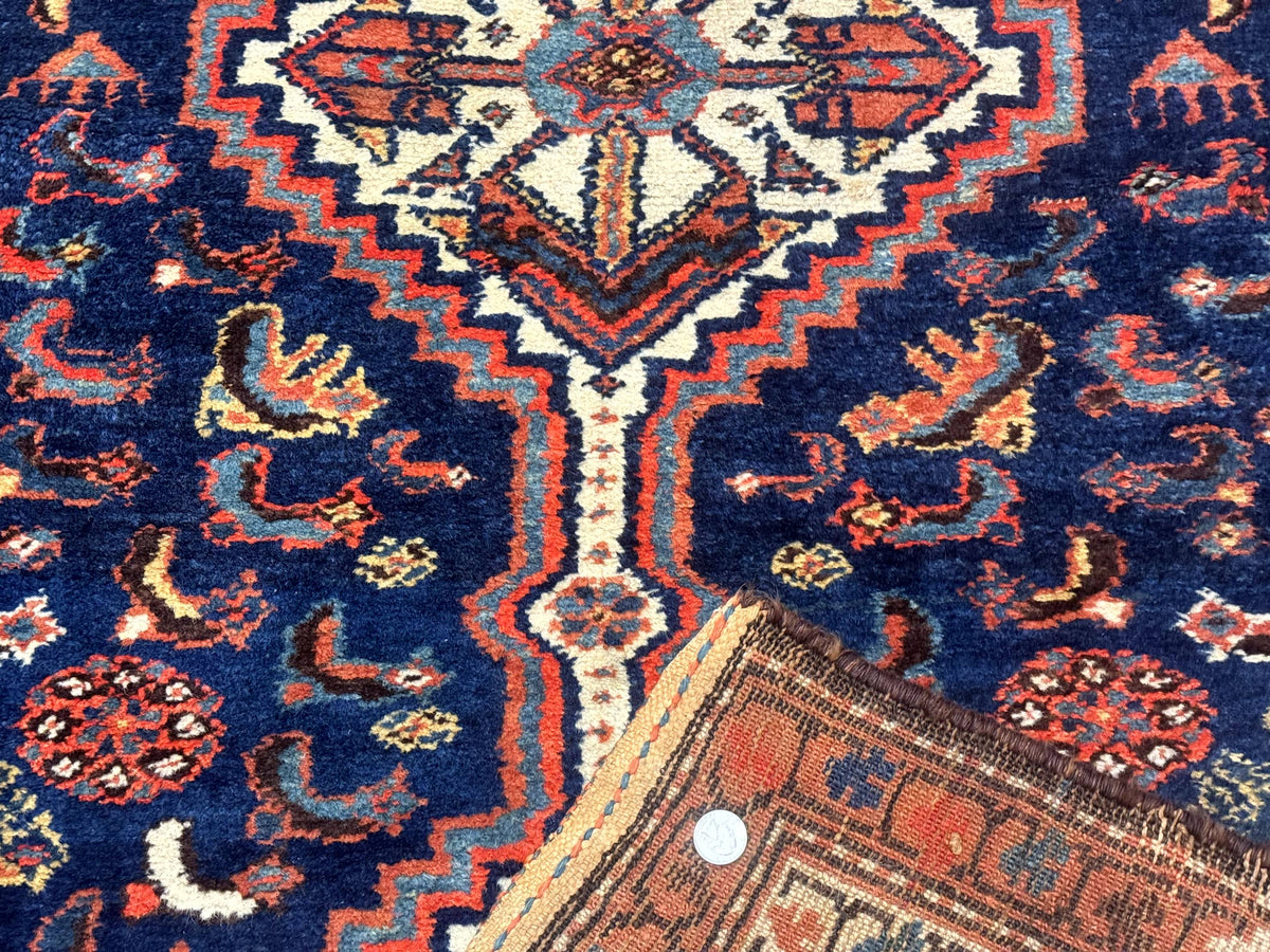 Antique Persian Hamadan Rug 4x6, Geometric, Double Medallions, Navy Blue, Tribal Carpet - Jewel Rugs, view 11