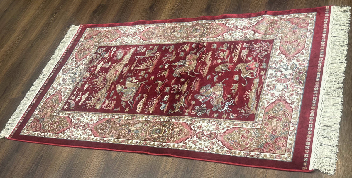 Turkish Silk Rug 3x5, Hunting Design, Dark Red & Ivory, Bamboo Silk, New - Jewel Rugs, view 13