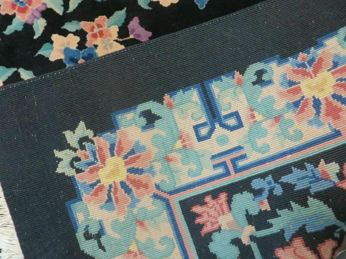 Black Chinese Wool Rug 8x10, Art Deco Floral Carpet, Soft Plush Pile - Jewel Rugs, view 10