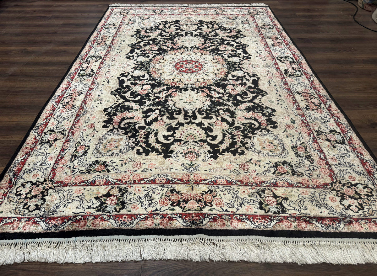 Indian Kashmiri Silk Rug, Floral Medallion, Vintage Hand Knotted Carpet - Jewel Rugs