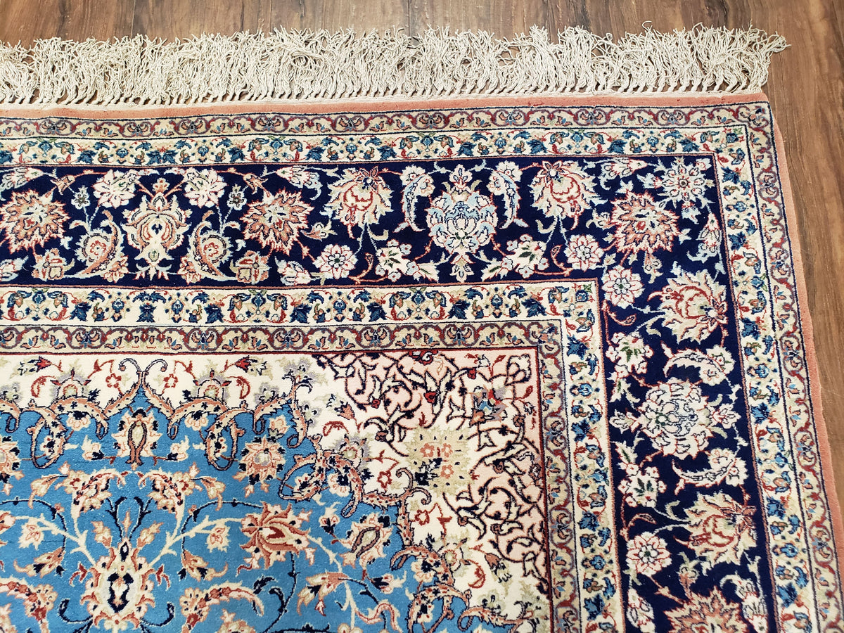 Persian Isfahan Rug, Kork Wool on Silk Foundation, Sky Blue, Hand-Knotted, 5' 1" x 7' 8" - Jewel Rugs, view 7