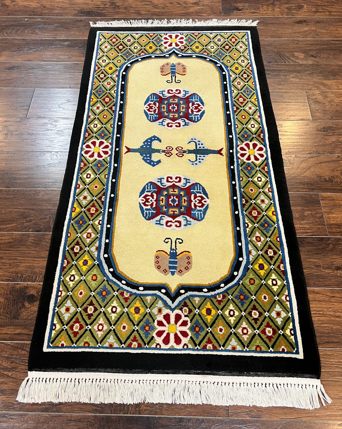 Chinese Rug 3x6 ft, Chinese Wool Rug, Tiensin Rug, Handmade Wool 3 x 6 Vintage Peking Rug, Art Deco Rug, Butterflies - Jewel Rugs, view 2