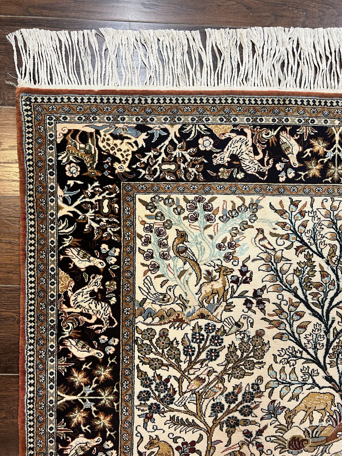 Persian Qum Tree of Life Rug 5x7, Wool and Silk Highlights, Animal Motifs, Vintage Hand Knotted Handmade Cream & Black Fine Oriental Carpet - Jewel Rugs, view 7