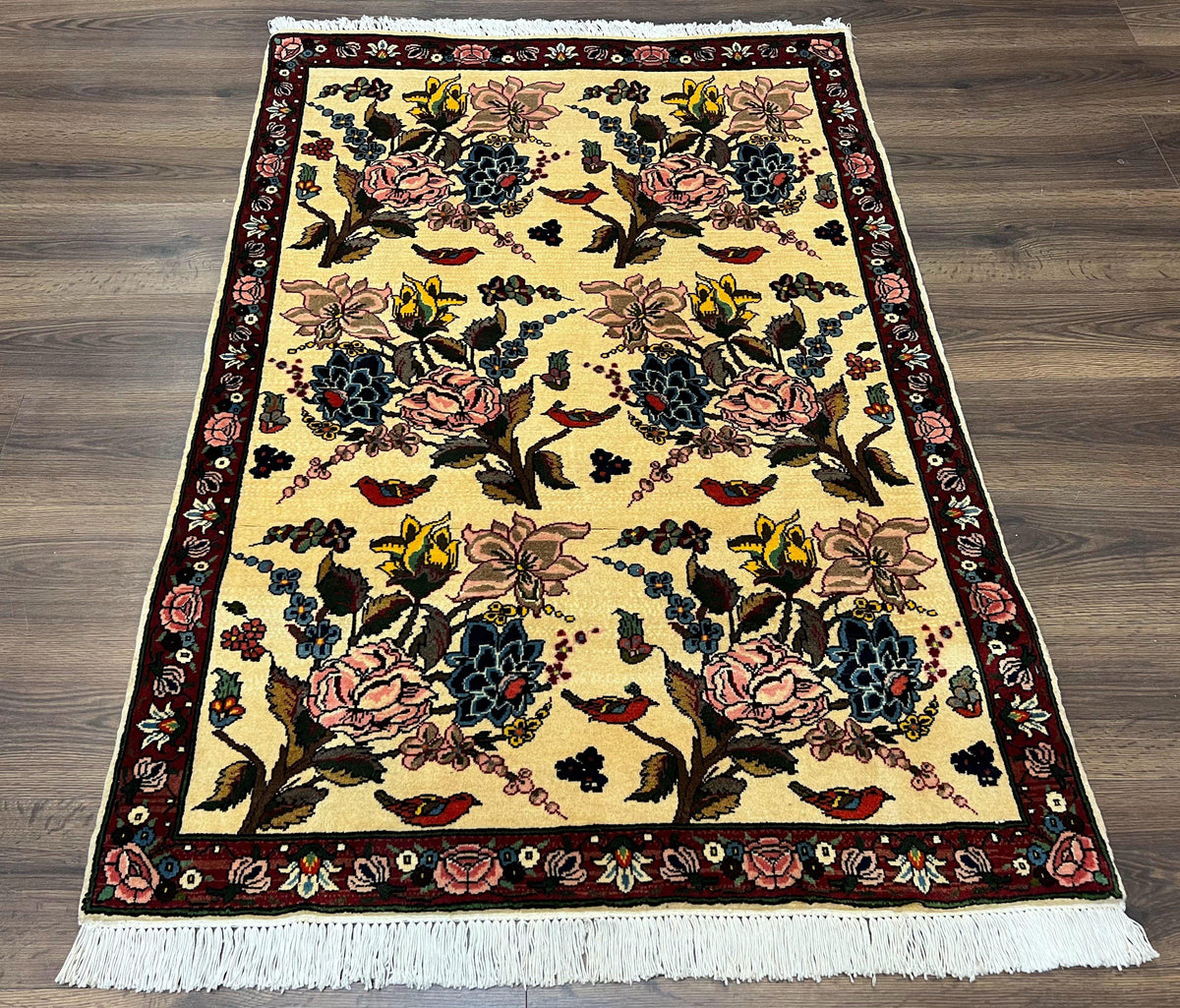 Persian Bidjar Rug 3.6 x 5 ft, Repeated Floral Motifs, Roses and Birds, Cream Burgundy, Fine Wool Oriental Bijar Carpet, Vintage Traditional Area Rug - Jewel Rugs, view 2