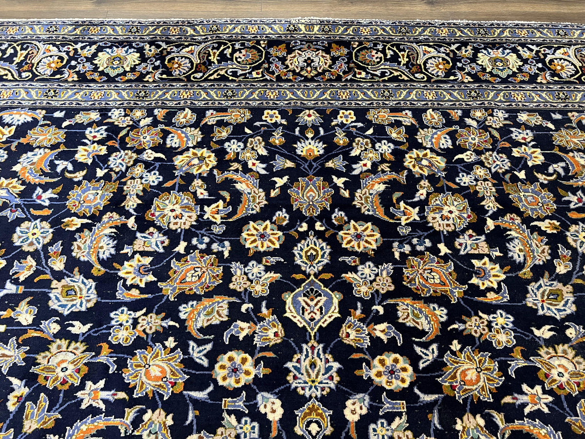 Wonderful Navy Blue Persian Kashan Rug 11x13, Allover Floral Design with Central Medallion, Wool Hand-Knotted Antique Carpet, Signed Rabani Rug - Jewel Rugs, view 4