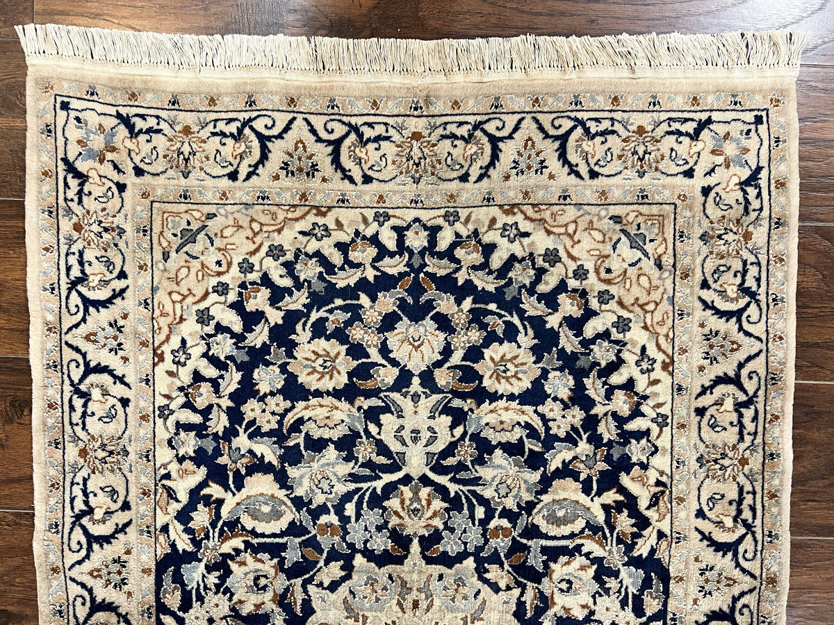 Persian Nain Rug 3x5, Floral Medallion Oriental Carpet, Very Fine Hand Knotted Handmade Wool and Silk Highlights Rug, Vintage Semi Antique - Jewel Rugs, view 4