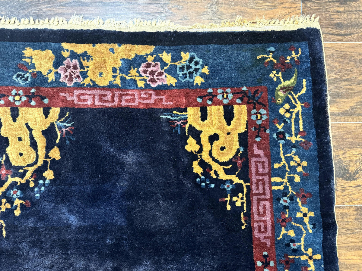 Antique Chinese Peking Rug 3x6, Dark Blue, Bird Motif, Handmade Wool Art Deco Asian Oriental Carpet, Pair B - Jewel Rugs, view 8