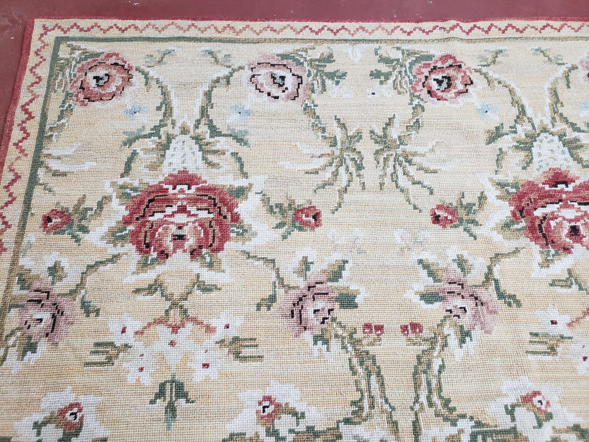 Needlepoint Rug 10x14 Wool Flatweave Carpet, English Floral Pattern, Pale Yellow, Roses, Allover Pattern, Handmade Large Needlepoint Nice - Jewel Rugs, view 7