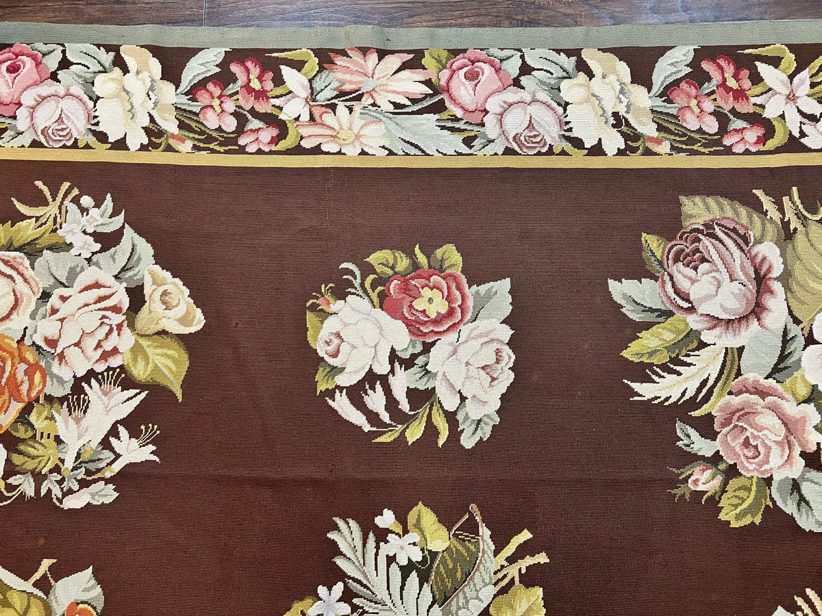Vintage Needlepoint Rug 9x12, Large Handmade Hand-woven Needlepoint Carpet, Brown Area Rug, Floral Bouquets, Wool Rug, European Design - Jewel Rugs, view 4