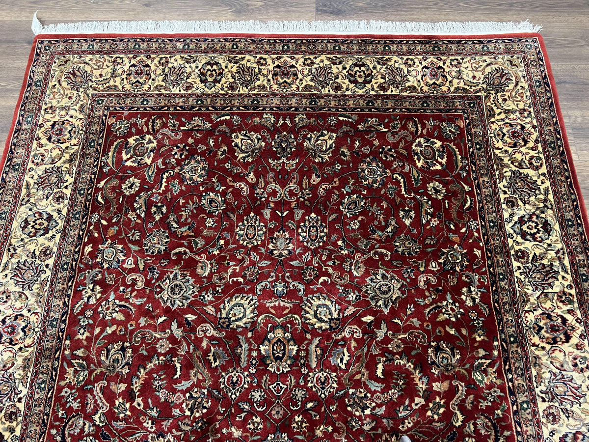 Vintage Indo Persian Rug 6x9, Very Finely Hand-Knotted Carpet 6 x 9 Red Cream Indian Oriental Carpet, Traditional Floral Wool Area Rug 1970s - Jewel Rugs, view 3