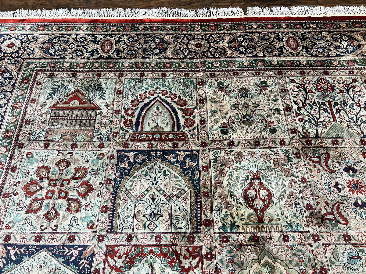 Silk Sino Persian Rug 9x12, Panel Design, Garden of Eden Pattern, Fine 200 KPSI, Hand Knotted Room Sized Silk Carpet, Vintage - Jewel Rugs, view 4