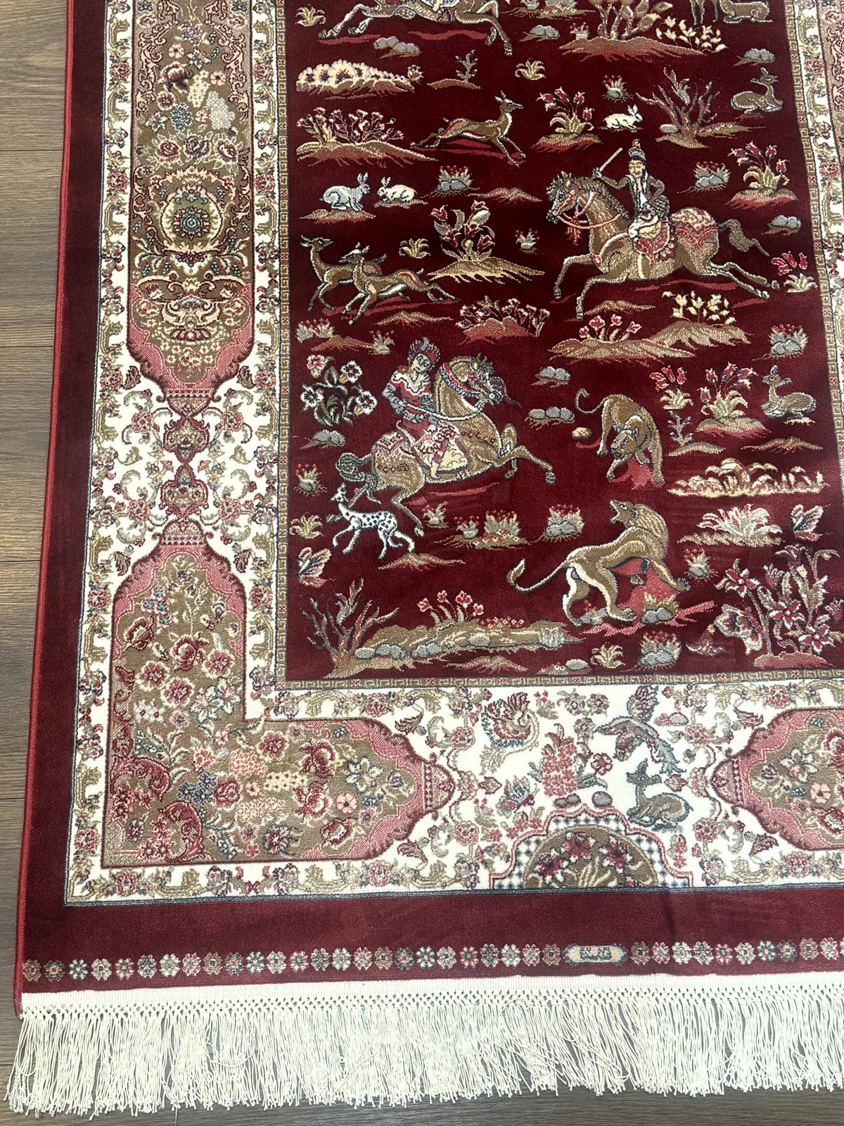 Turkish Silk Rug 3x5, Hunting Design, Dark Red & Ivory, Bamboo Silk, New - Jewel Rugs, view 9