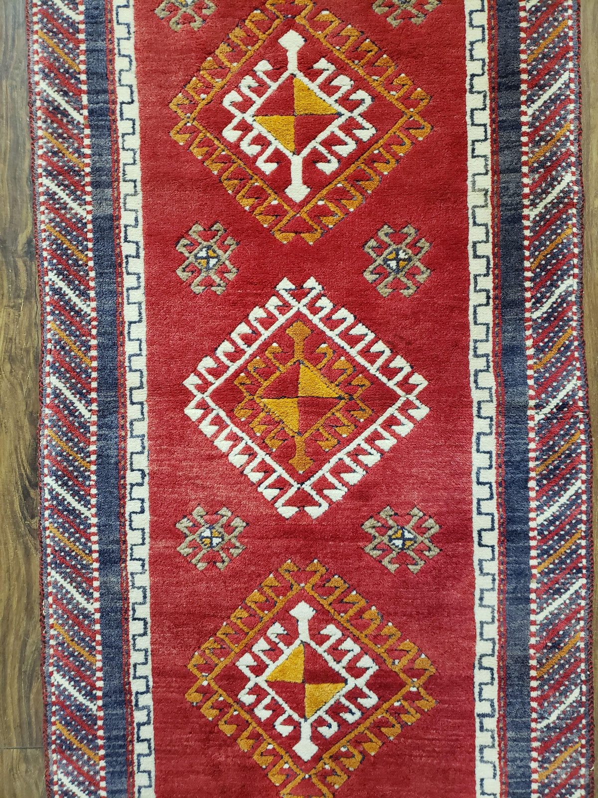 Vintage Turkish Kazak Rug 2.5 x 5 Red Wool Carpet Medallions Runner Geometric - Jewel Rugs, view 5