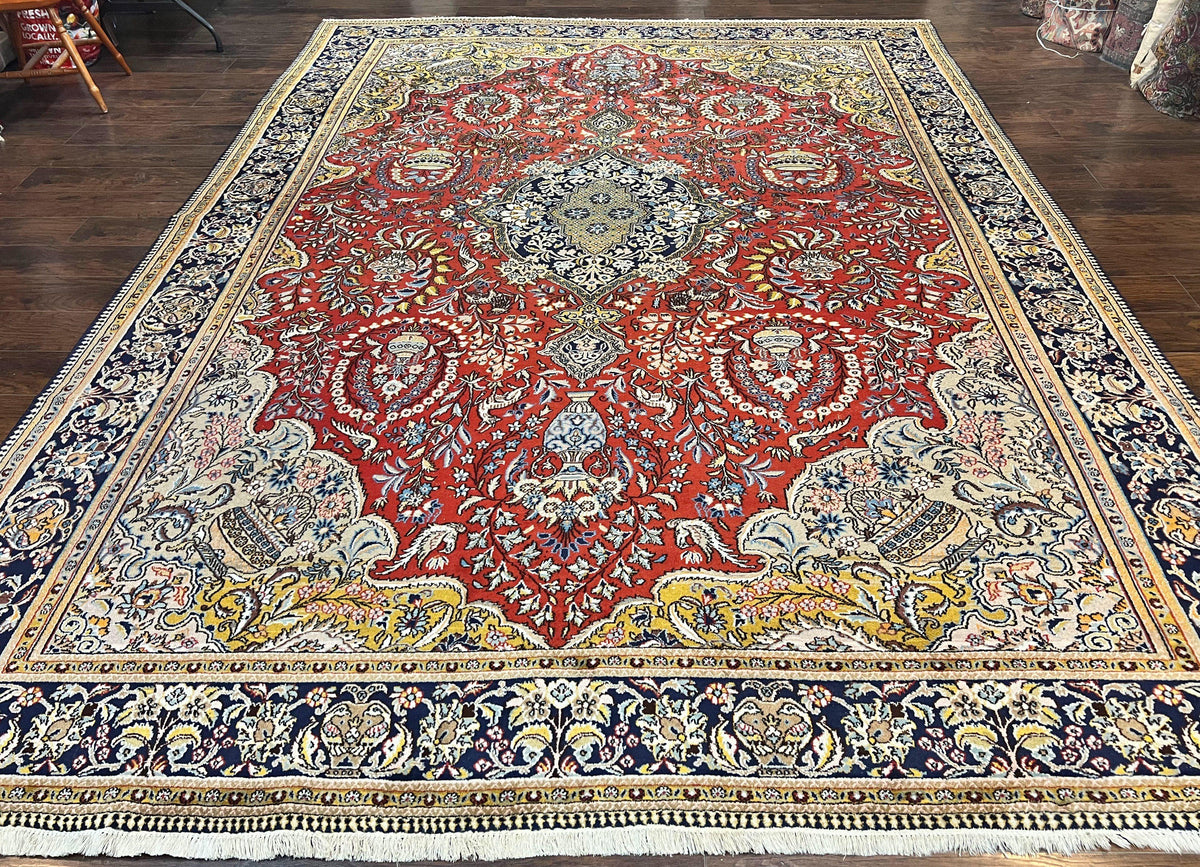 Wonderful Persian Qum Rug 10x14, Wool w/ Silk Highlights, Hand Knotted Semi Antique Vintage Carpet, Red, Floral, Fine Weave, Birds Deer Pictorials - Jewel Rugs