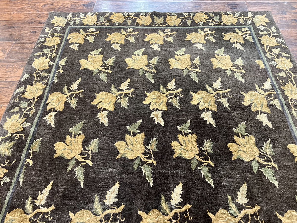 Tibetan Nepal Rug 6x9, Wool Hand Knotted Vintage Carpet 6 x 9, Dark Green & Golden Yellow, Floral Bouquets - Jewel Rugs, view 13