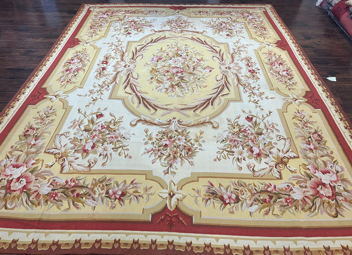 Aubusson Rug 9x12, Elegant Flatweave Savonnerie Carpet 9 x 12 ft, Ivory Light Yellow Red, Handmade Wool Flatweave French European Rug - Jewel Rugs, view 2