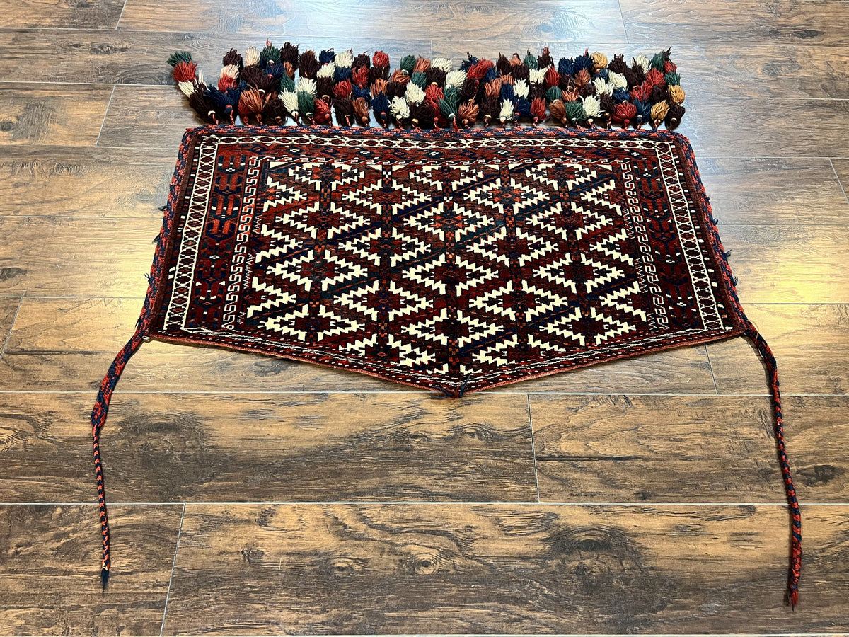 Antique Turkoman Camel Trapping, Turkoman Asmalyk, Red Black Ivory, Handmade, Hand Knotted Tribal Collectible Rug, Rare - Jewel Rugs, view 11