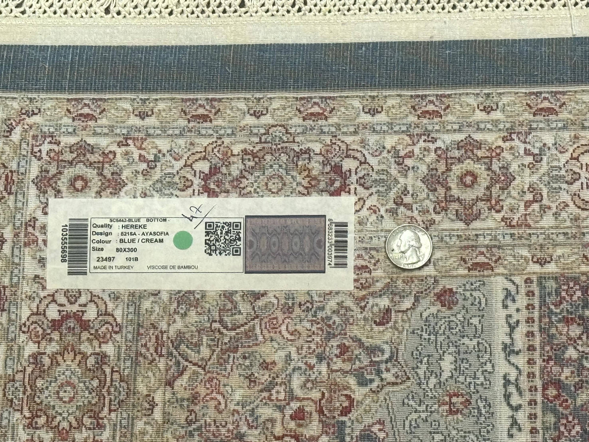 Turkish Silk Runner Rug 2.6 x 10, Light Blue Carpet, Bamboo Silk, New - Jewel Rugs, view 11