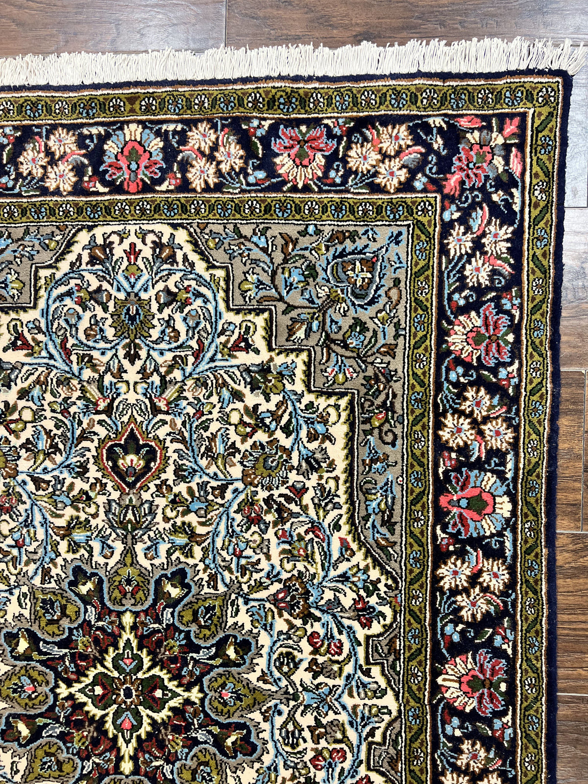 Persian Qum Rug 3x5, Wool with Silk Highlights, Handmade Semi Antique Carpet, Ivory & Navy Blue, Floral Medallion, Finely Hand Knotted - Jewel Rugs, view 7