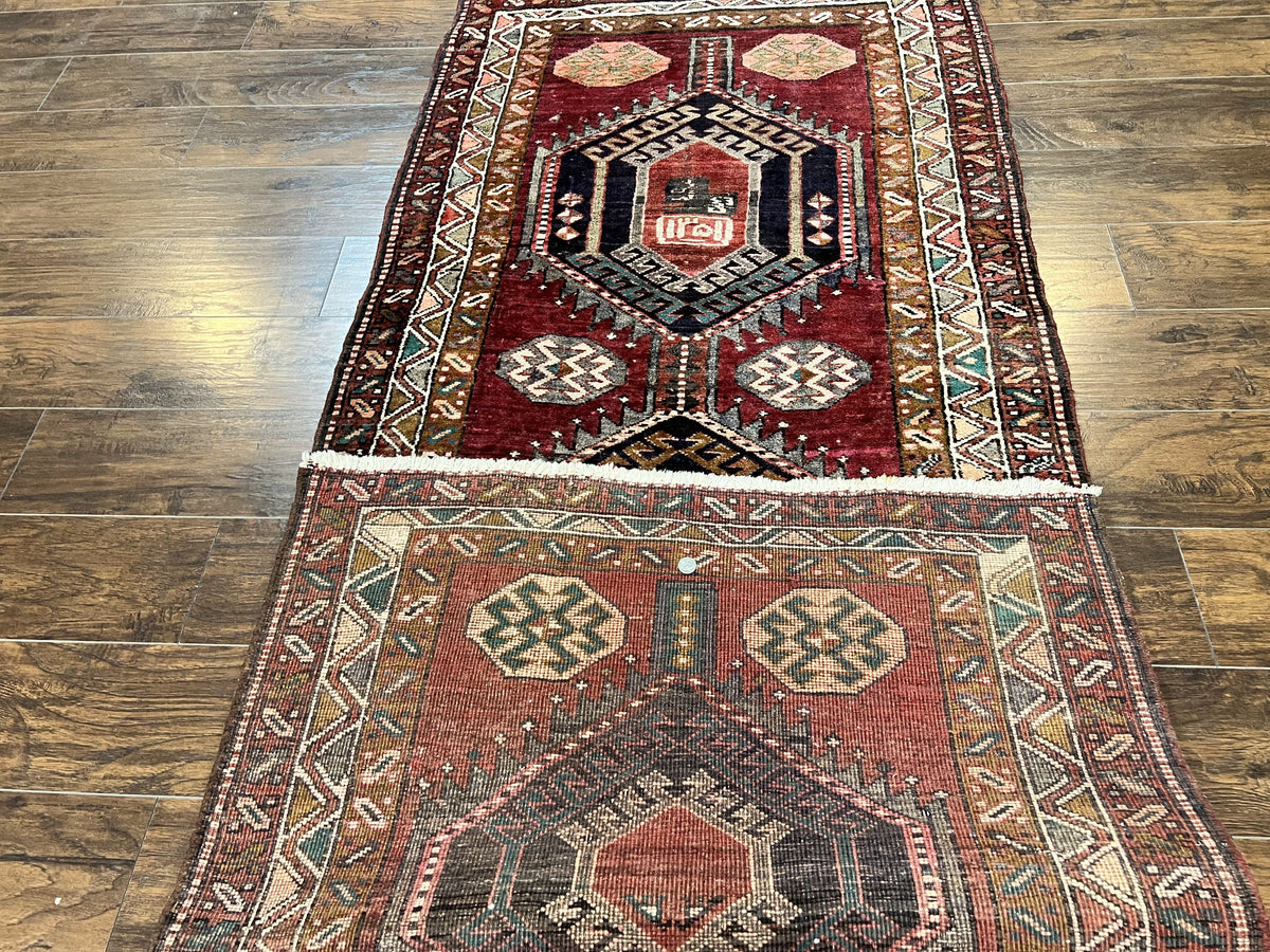 Persian Heriz Runner Rug 3.8 x 8.6, Geometric Design, Large Triple Medallions, Hand Knotted Handmade Vintage Wool Hallway Rug, Red - Jewel Rugs, view 11