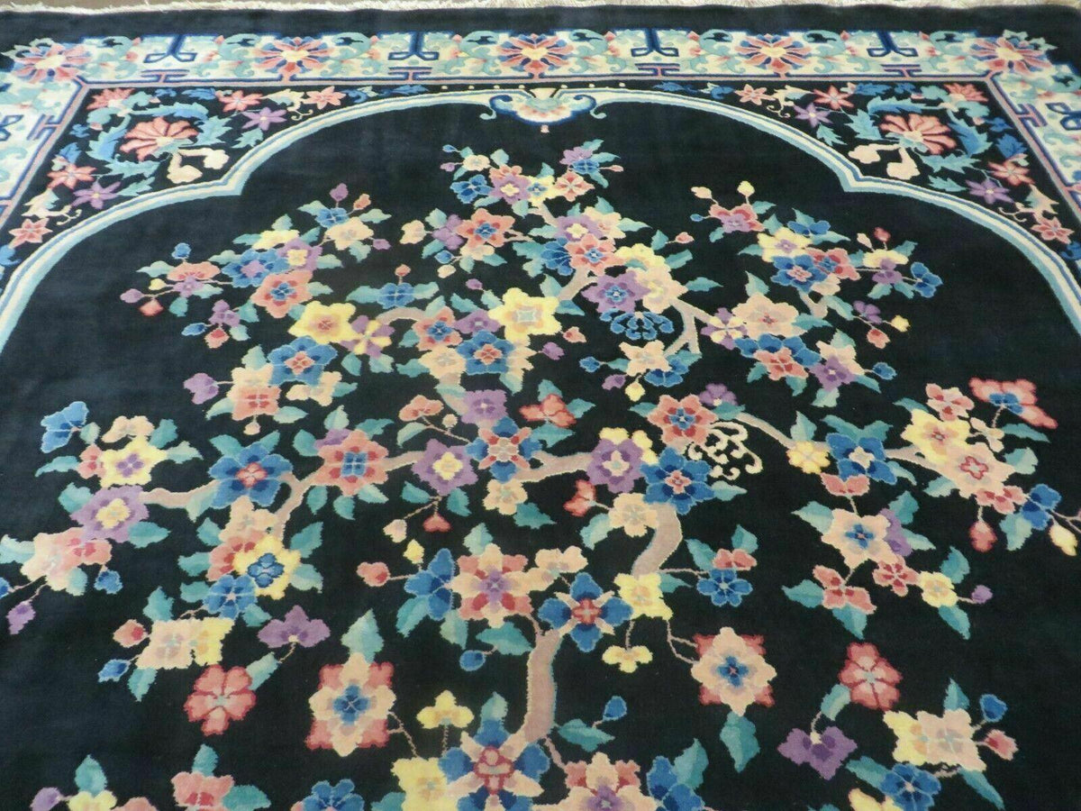 Black Chinese Wool Rug 8x10, Art Deco Floral Carpet, Soft Plush Pile - Jewel Rugs, view 11