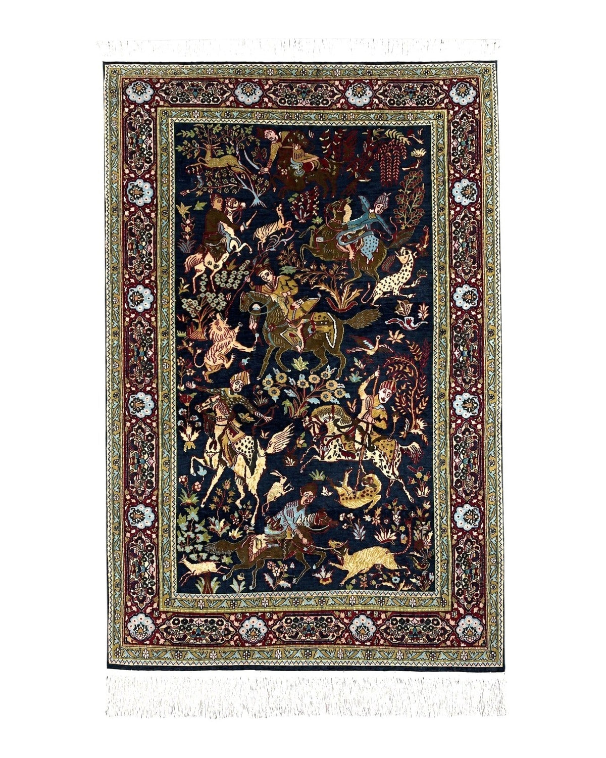 Indian Kashmiri Wool & Silk Rug 4x6 ft, Hunting Scene, Midnight Blue, Hand-Knotted, Archers, Swords, Horses, Vintage Antique Oriental Carpet - Jewel Rugs