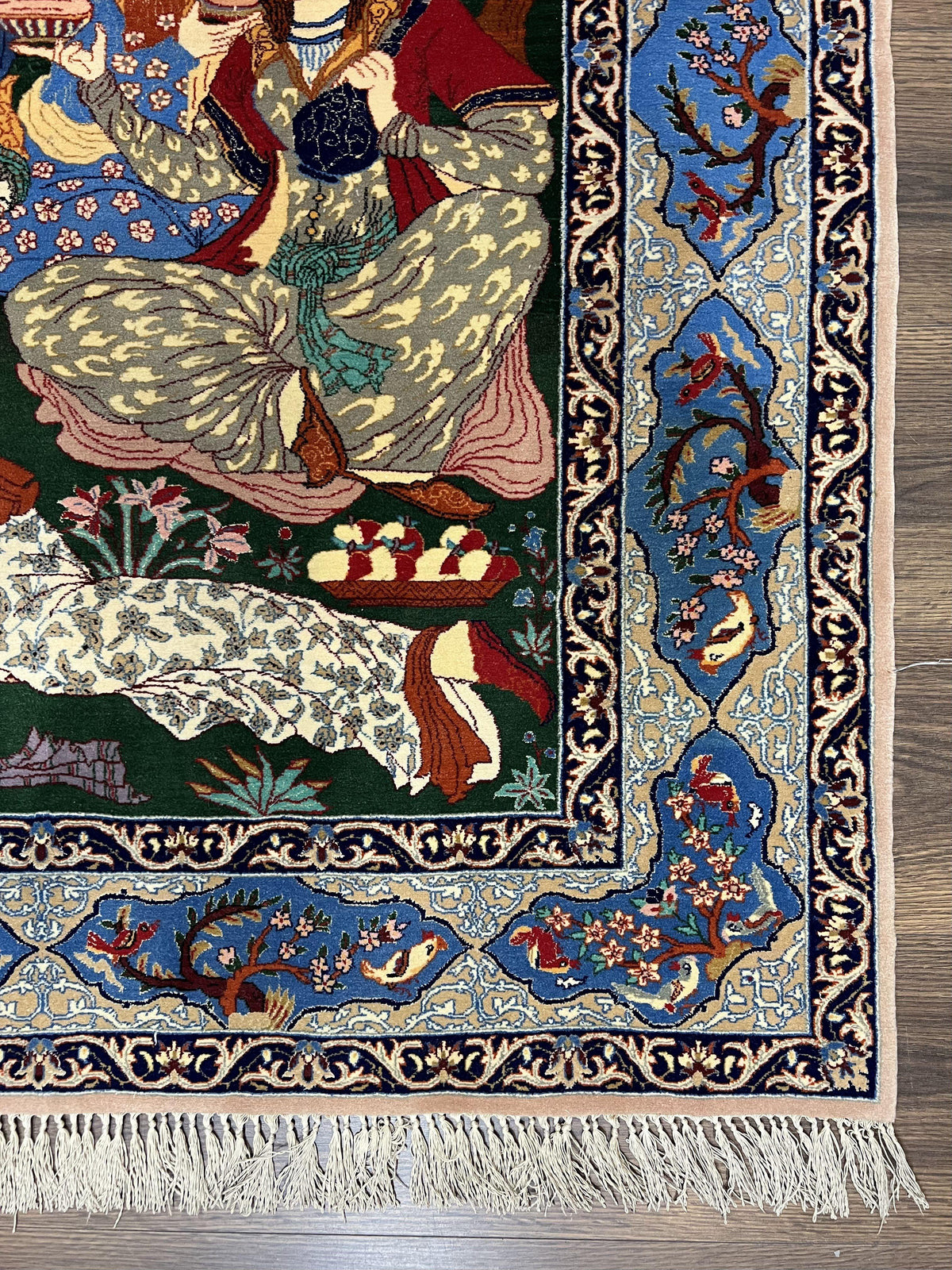 Fine Persian Isfahan Pictorial Rug 3.7 x 5, Kork Wool on Silk Foundation, Blue Persian Carpet, Hand Knotted, Humans Birds, High KPSI, Semi Antique - Jewel Rugs, view 10
