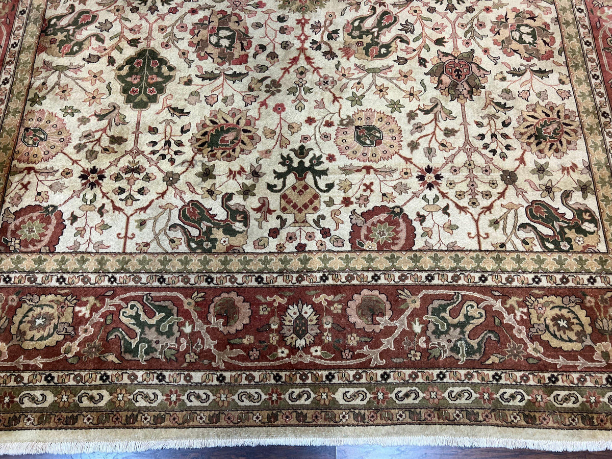 Large Indian Rug 10x14, Hand Knotted Indo Persian Gandehar Oriental Carpet, Vintage Wool Rug 10 x 14 ft Cream Red Floral Allover Traditional - Jewel Rugs, view 6