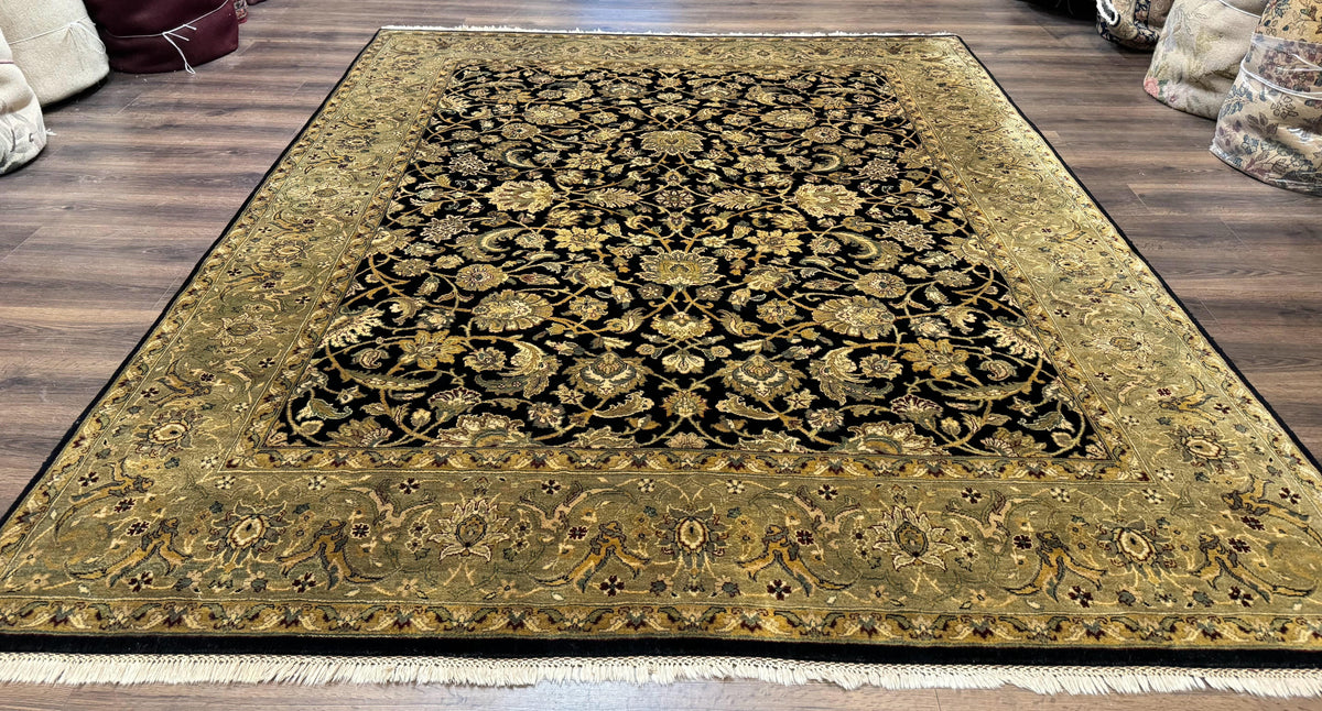 Indo Persian Rug 8x10, Black and Green, Wool, Handmade, Traditional, Floral Allover, Vintage - Jewel Rugs, view 2